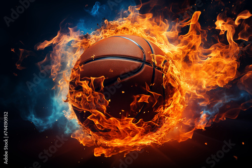  A basketball ball on fire on a dark background. Generative Ai © Positive Click