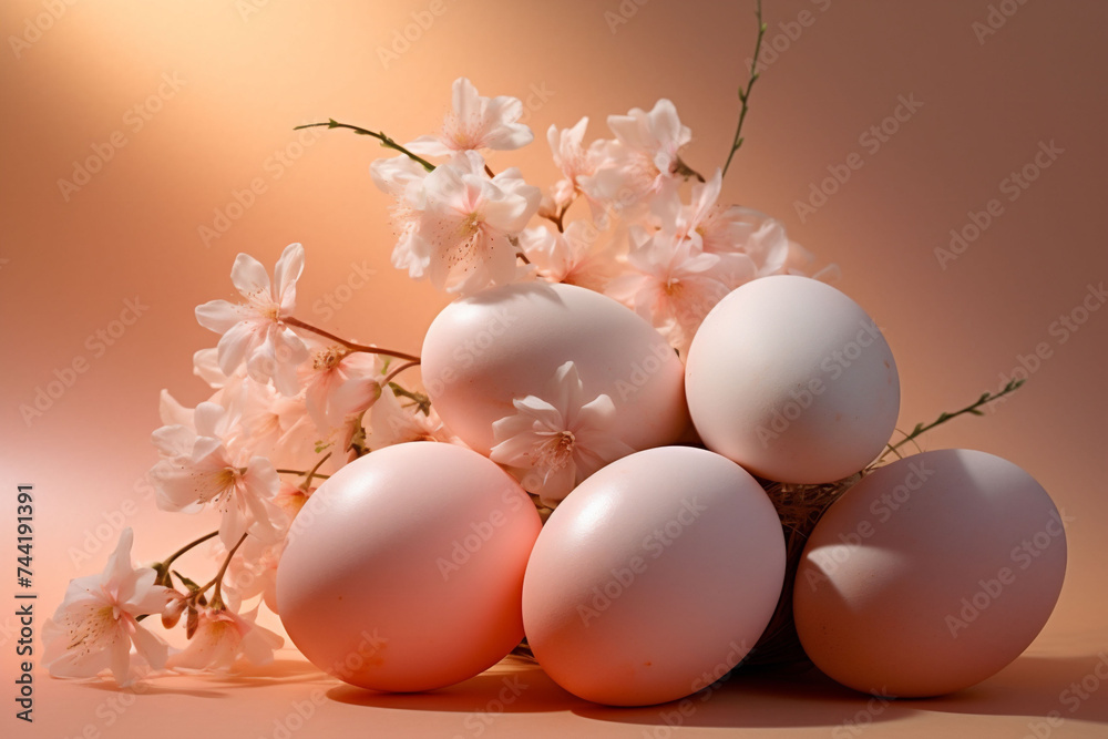 Banner of pastel peach fuzz colour colored Easter eggs cradled by blooming branches against a soft peach background. Idea for minimalist spring themed decor and Easter celebrations
