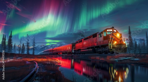 A luminous train cuts through the night, its tracks mirroring the dancing northern lights in the sky, as it travels through a tranquil outdoor landscape