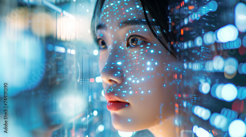 Futuristic Asian woman portrait with programming coding concept. Hologram and trading with cyber security, futuristic and research