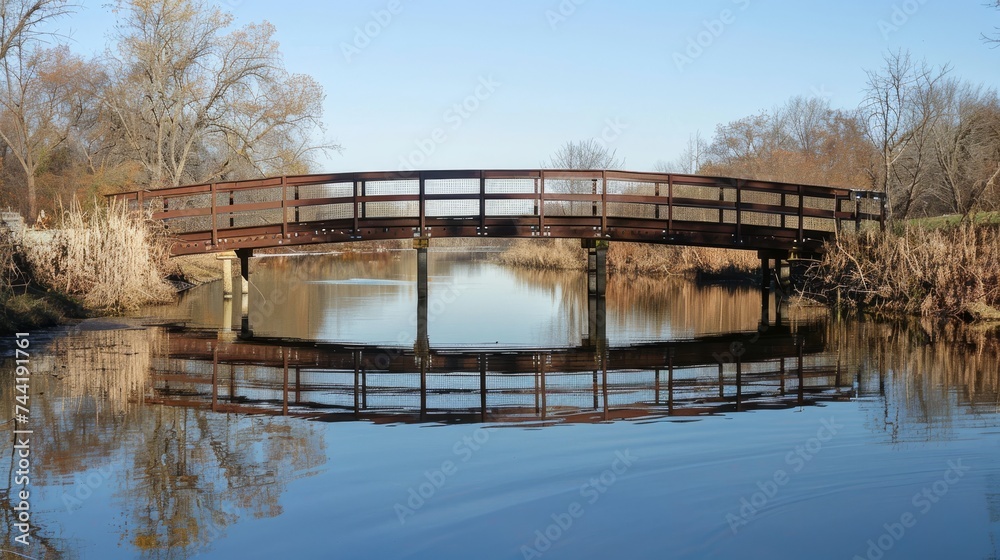 Amidst the tranquil winter landscape, a majestic bridge spans over the glistening waterway, surrounded by lush trees and a clear blue sky