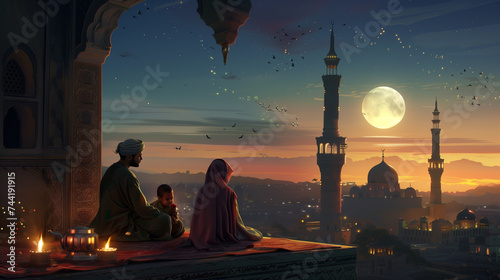 Islamic holiday with minarets, moon and a happy family sharing Ramadan. photo