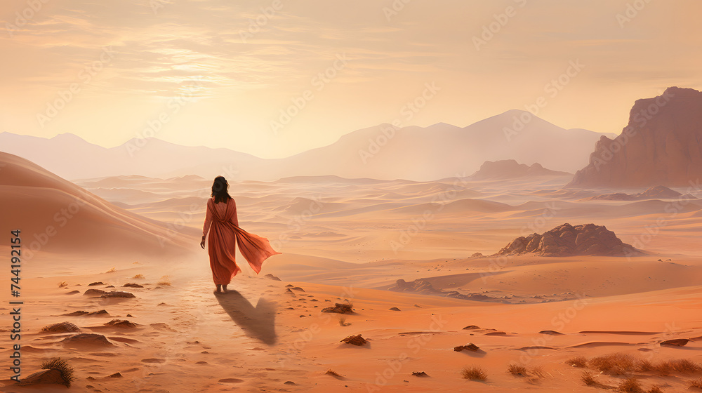 a young woman walking through the sand in the desert