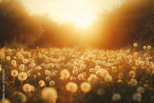 Golden serene landscape of wild dandelion field under a golden sun