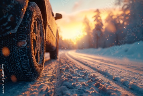 A solitary car braves the treacherous winter roads, its wheels churning through the fresh snow as the sky fades from a brilliant sunset to a frigid sunrise © Vladan