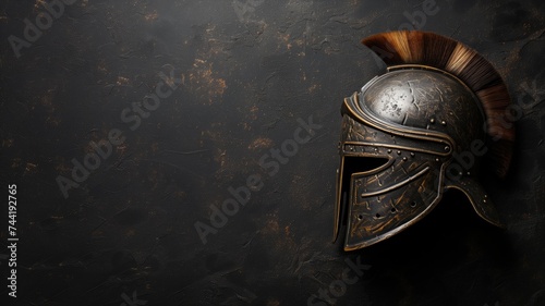 Ancient gladiator helmet on a dark textured surface