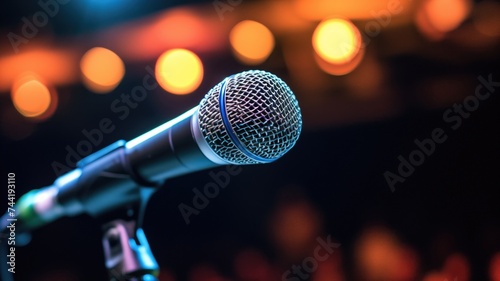Microphone on stage with bokeh lights
