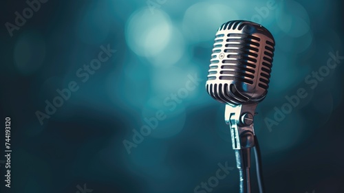 Vintage microphone with blue bokeh background