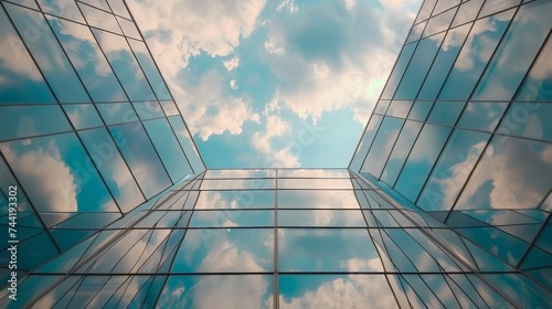 The sky's reflection dances on the symmetrical glass windows of the building, creating a dreamy daytime scene filled with blue hues and fluffy clouds