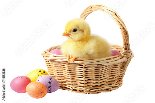 Easter adorable chick in wicker basket on transparent background