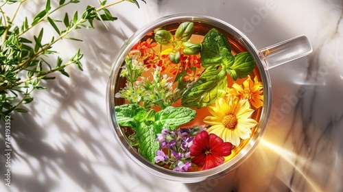 Photo from above of a glass mug filled with herbal tea, showcasing the vibrant colours and textures of the ingredients. - AI Generated Digital Art