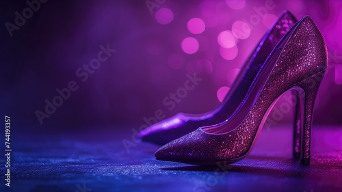 Glittery purple high heels on a dark background