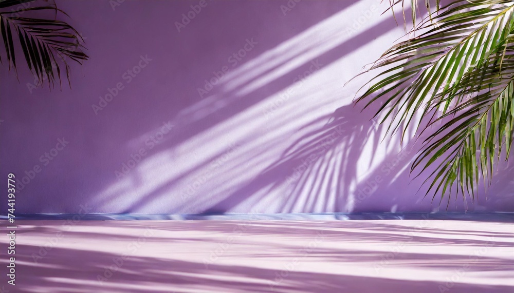 abstract purple studio background for product presentation empty room with shadows of window and flowers and palm leaves 3d room with copy space summer concert blurred backdrop