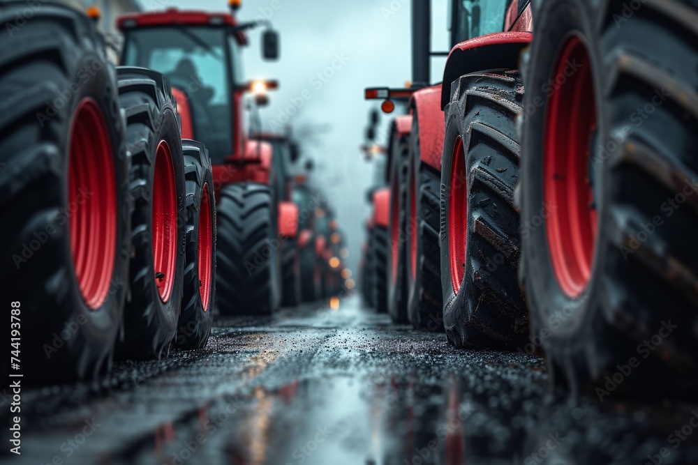 Vibrant red tractors stand in a row, their rugged tires and wheels ready to conquer the rough terrain of the outdoors, representing the power and reliability of agricultural machinery in transport an