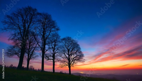 colorful sunset with night sky and trees silhouettes