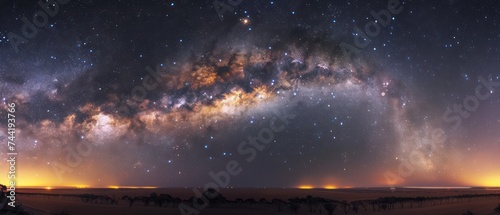 Panoramic view of the Milky Way arching over a desert landscape
