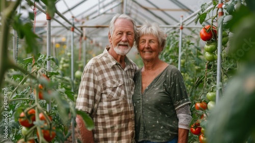 A happy couple stands in a vibrant greenhouse, surrounded by lush plants and bountiful produce, their faces radiating joy and contentment as they admire the beauty of nature and the benefits of whole © ChaoticMind