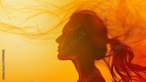 A mysterious woman with flowing hair, adorned in a veil, stands in the warm amber glow of the setting sun, her identity hidden yet her presence captivating