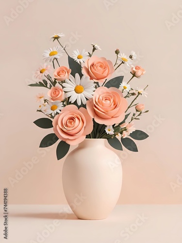 Stylized illustrations of bouquets in vases, showcasing a variety of flowers like roses and daisies in a soothing palette that evokes a sense of calm and elegance © CreativeVirginia