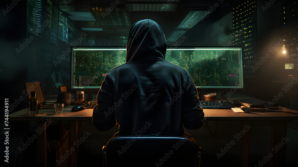a man sitting with a hood on his computer working in a data center