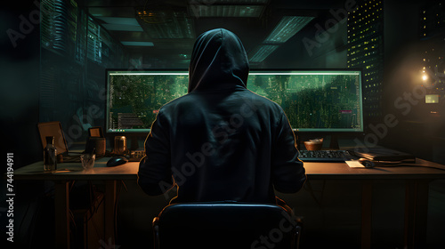 a man sitting with a hood on his computer working in a data center © Oleksandr