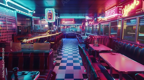 Nostalgic retro diner with neon signs, checkered floors, and vinyl booths, evoking the ambiance of the 1950s © Andrii
