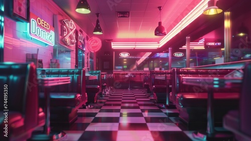 Nostalgic retro diner with neon signs  checkered floors  and vinyl booths  evoking the ambiance of the 1950s