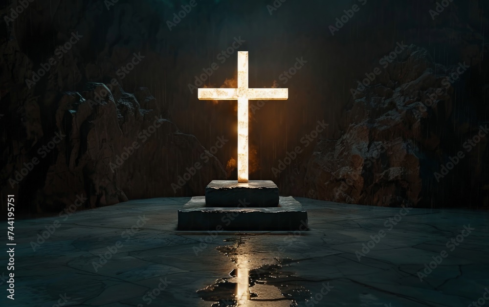 a cross lit up in the dark against a dark background Generative AI