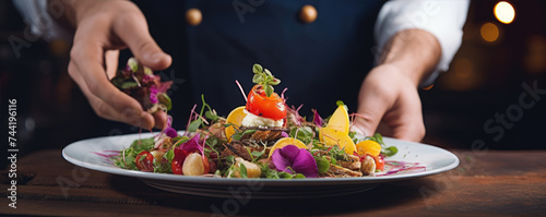 Chef hands with perfect stylist or decorative food on white plate.