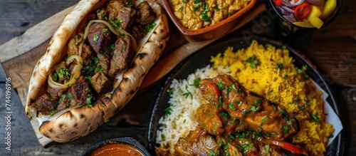 A table displaying a variety of delicious Berliner sandwiches, succulent kebab, juicy steak, and a chicken curry trio alongside a bowl of rice.