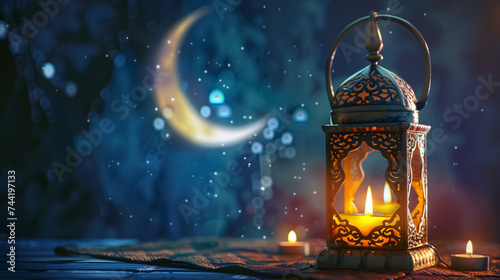 Arab lantern lit on a table and the crescent moon in the background photo