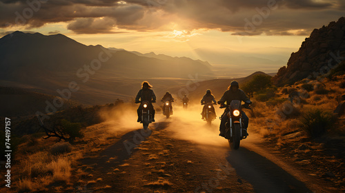 motorcycle riding group with sunset view on scenic road