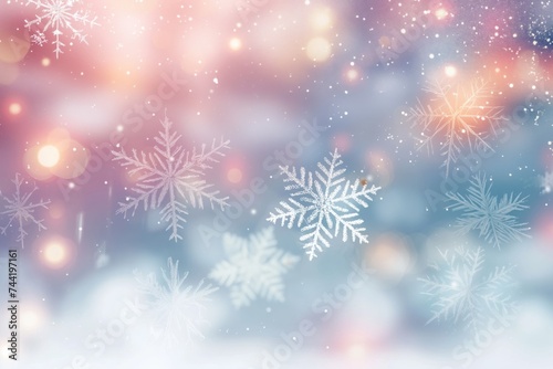 Christmas background with snowflakes and lights, light sky-blue and light magenta,  soft and dreamy atmosphere, subtle shading, happenings, cold and detached atmosphere, light red and light emerald. © James Ellis