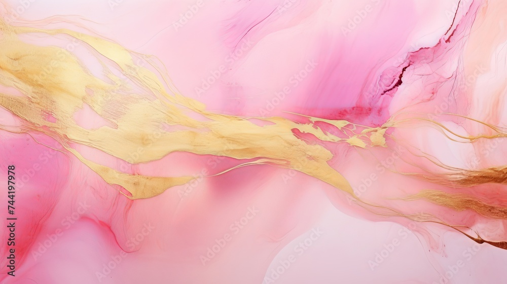 Abstract pink and gold fragment of colorful background, wallpaper. Mixing acrylic paints. Modern art. Marble texture. Alcohol ink colors translucent.Alcohol Abstract contemporary art fluid