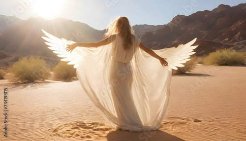 Angelic figure with wings bathed in sunlight, in the desert concept 