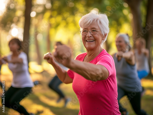 Elderly people engaging in exercise routines. Generative Ai.