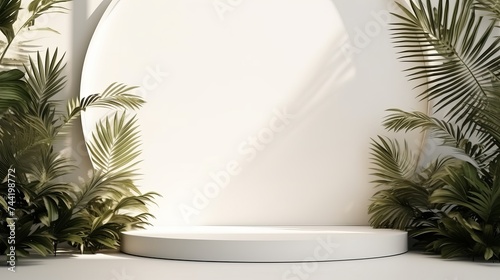 Abstract white studio background for product presentation. Empty room with shadows of window and flowers and palm leaves . 3d room with copy space. Summer concert. Blurred backdrop © Elchin Abilov
