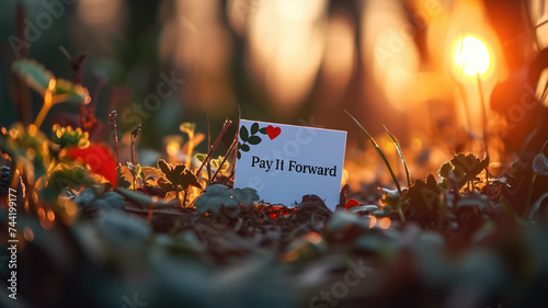 Card with 'Pay It Forward' on the ground at sunset