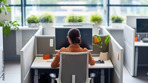 A woman working at her desk in a modern office cubicle photo