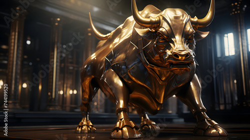 Bullish market characterized by ascending candlestick charts, gold bull, and the exploration of trading volatility amidst economic downturn.