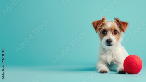 Small dog with a red ball on a blue background