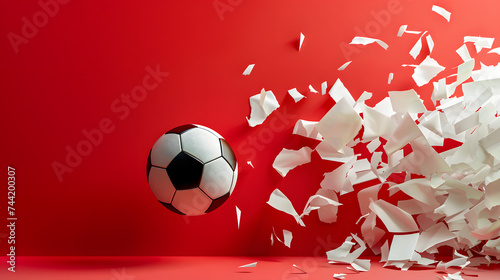 Soccer Ball Breaking Through Red Background