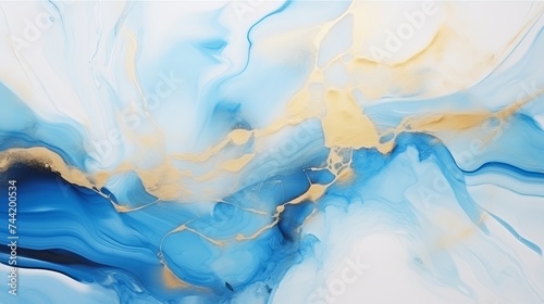 Blue, Gold Alcohol Ink Fluid Art. Luxury abstract fluid art painting in alcohol ink technique. Tender and dreamy design. Modern art. Marble texture. Alcohol ink colors translucent © Elchin Abilov