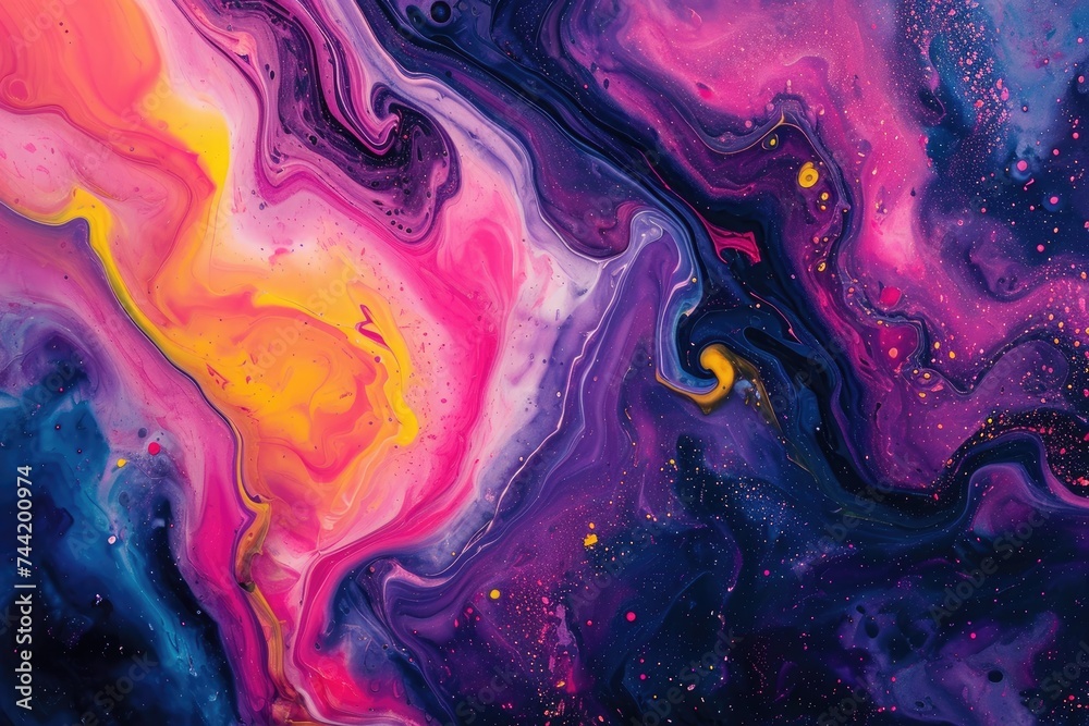 An artwork featuring abstract forms and shapes in purple, yellow, and blue colors, Fluid art abstract background with swirling colors, AI Generated