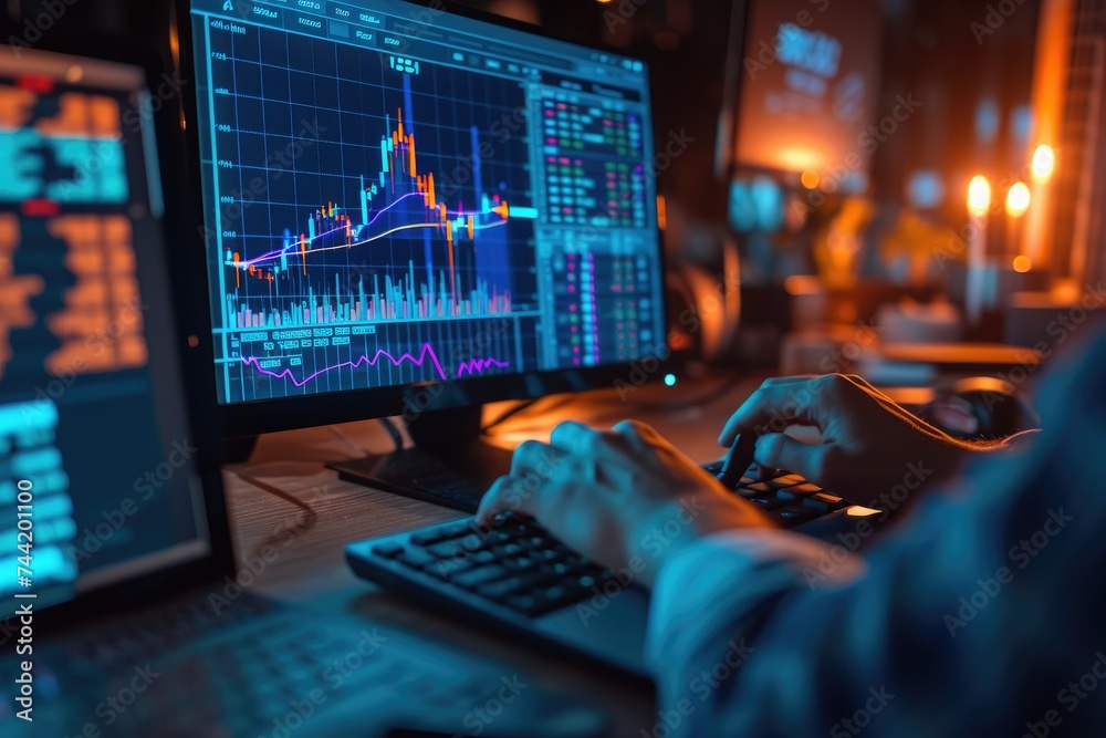 A man sitting at a desk focused on his computer, typing and working diligently, Focus on a stock market graph on a businessman’s computer, AI Generated A man sitting at a desk focused on his computer, typing and working diligently, Focus on a stock market graph on a businessman’s computer, AI Generated