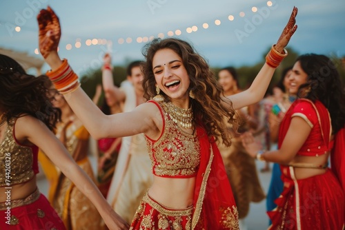 A woman wearing a vibrant red and gold outfit gracefully dances  displaying her artistic moves and fluid motion  Friends caught in the middle of a joyous Bollywood-style dance  AI Generated