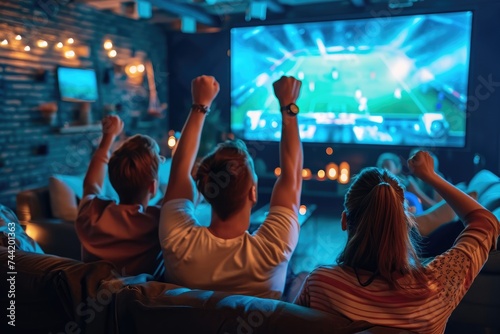 A diverse group of individuals sitting together in a room, attentively watching a television screen, Friends cheering and watching a sports game on a big screen, AI Generated