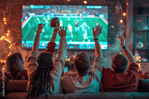 Group of People Watching a Football Game on TV, Friends cheering and watching a sports game on a big screen, AI Generated © Ifti Digital