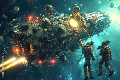 Two men floating in space with a space station visible in the background, Future robots repairing a spaceship in the cosmos, AI Generated