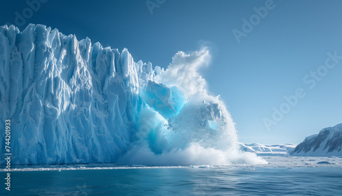 Collapsing huge iceberg wall moment in polar arctic sea waters. Climate change, Global warming and flora and fauna in polar Zones concept. photo
